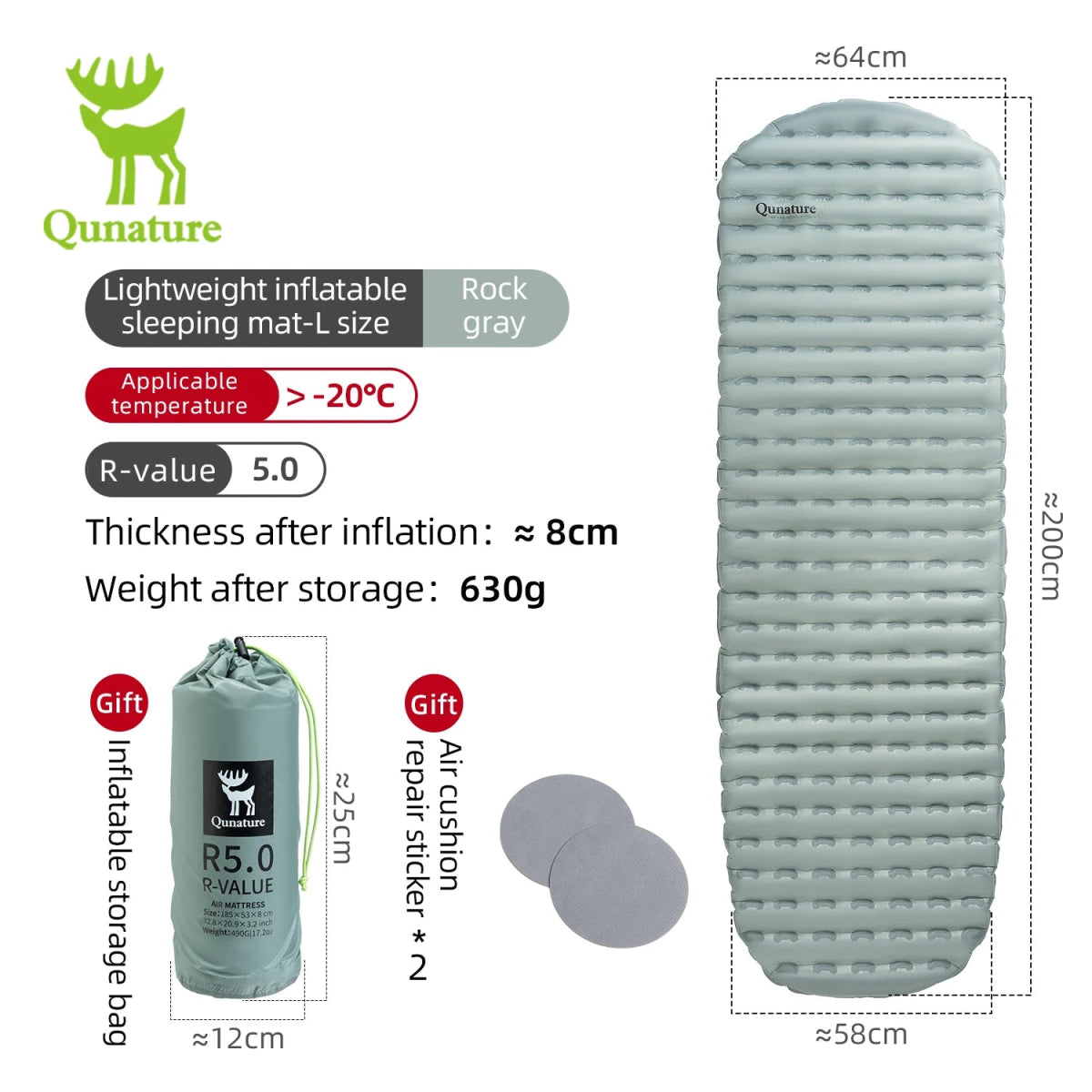 Matelas gonflable ultra - léger pour le bivouac et camping R - Value 5.0 confort - 10°C à partir de 490g "Qunature - 600084" - Planète Rando