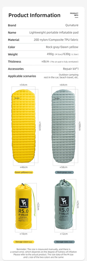 Matelas gonflable ultra - léger pour le bivouac et camping R - Value 5.0 confort - 10°C à partir de 490g "Qunature - 600084" - Planète Rando