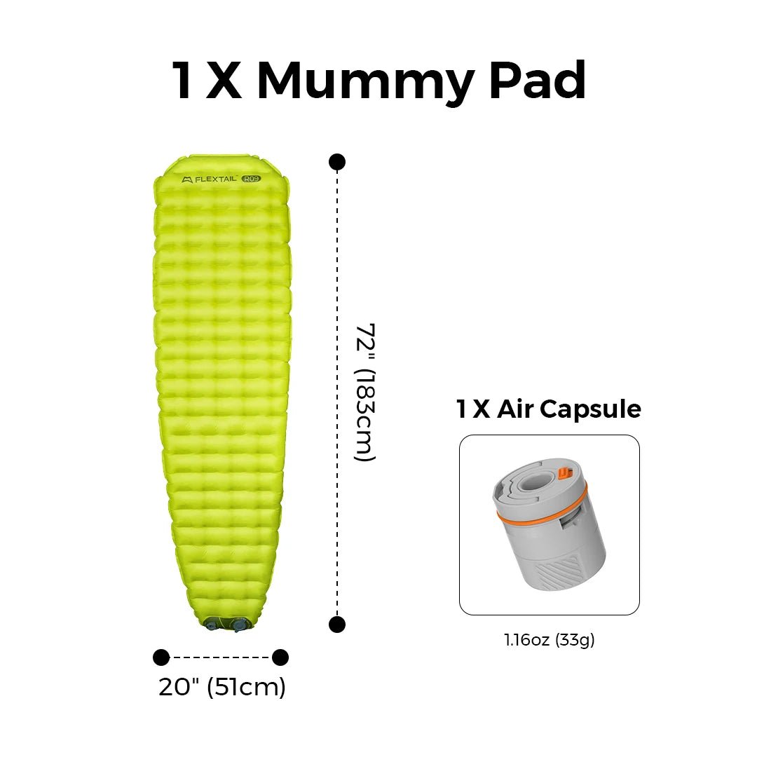 Matelas gonflable ultraléger avec pompe intégrée R - Value 9.4 confort - 35°C "FLEXTAILGEAR - TINY Sleeping pad R09" - Planète Rando