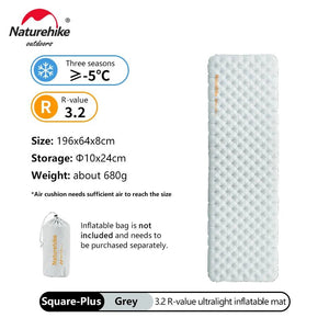 Matelas gonflable ultralight et confortable 8cm 3 saisons pour le bivouac et camping R - value 3.2 jusqu'à - 5°C à partir de 590g "Naturehike - NCTR Air CNK2450WS012" - Planète Rando