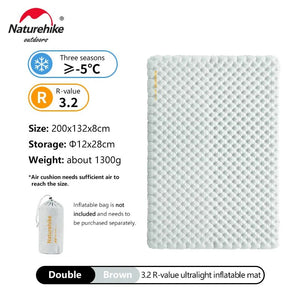 Matelas gonflable ultralight et confortable 8cm 3 saisons pour le bivouac et camping R - value 3.2 jusqu'à - 5°C à partir de 590g "Naturehike - NCTR Air CNK2450WS012" - Planète Rando