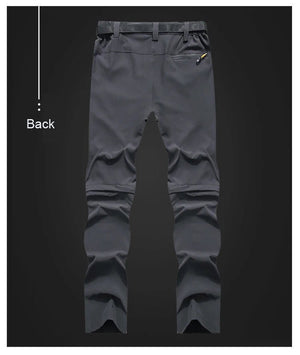 Vue arrière du pantalon randonnée 2 en 1 TRVLWEGO AD083 gris foncé, poche zippée, traitement hydrofuge.