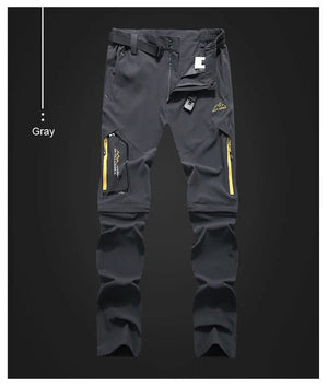 Pantalon de randonnée homme gris TRVLWEGO AD083, zips jaunes, section short amovible, hydrofuge, fond noir.