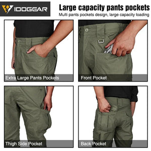 Le pantalon "IDOGEAR - IGPA3213" tactique flexible avec coupe 3D est présenté debout sur fond blanc, avec le logo IDOGEAR en haut à gauche.