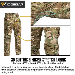 Le pantalon "IDOGEAR - IGPA3213" tactique flexible avec coupe 3D est présenté debout sur fond blanc, avec le logo IDOGEAR en haut à gauche.