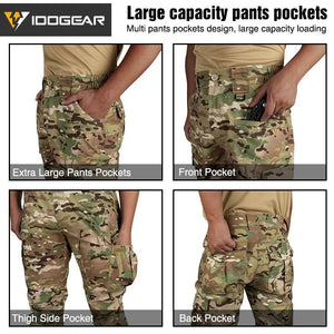 Le pantalon "IDOGEAR - IGPA3213" tactique flexible avec coupe 3D est présenté debout sur fond blanc, avec le logo IDOGEAR en haut à gauche.