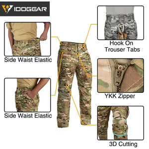 Le pantalon "IDOGEAR - IGPA3213" tactique flexible avec coupe 3D est présenté debout sur fond blanc, avec le logo IDOGEAR en haut à gauche.