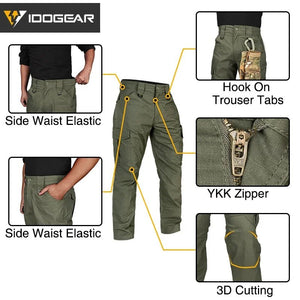 Le pantalon "IDOGEAR - IGPA3213" tactique flexible avec coupe 3D est présenté debout sur fond blanc, avec le logo IDOGEAR en haut à gauche.