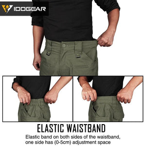 Le pantalon "IDOGEAR - IGPA3213" tactique flexible avec coupe 3D est présenté debout sur fond blanc, avec le logo IDOGEAR en haut à gauche.