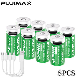 Piles lithium-ion 3V polymère haute capacité2550 mW avec câble de charge rapide USB-C "PUJIMAX - CR123A" - Planète Rando