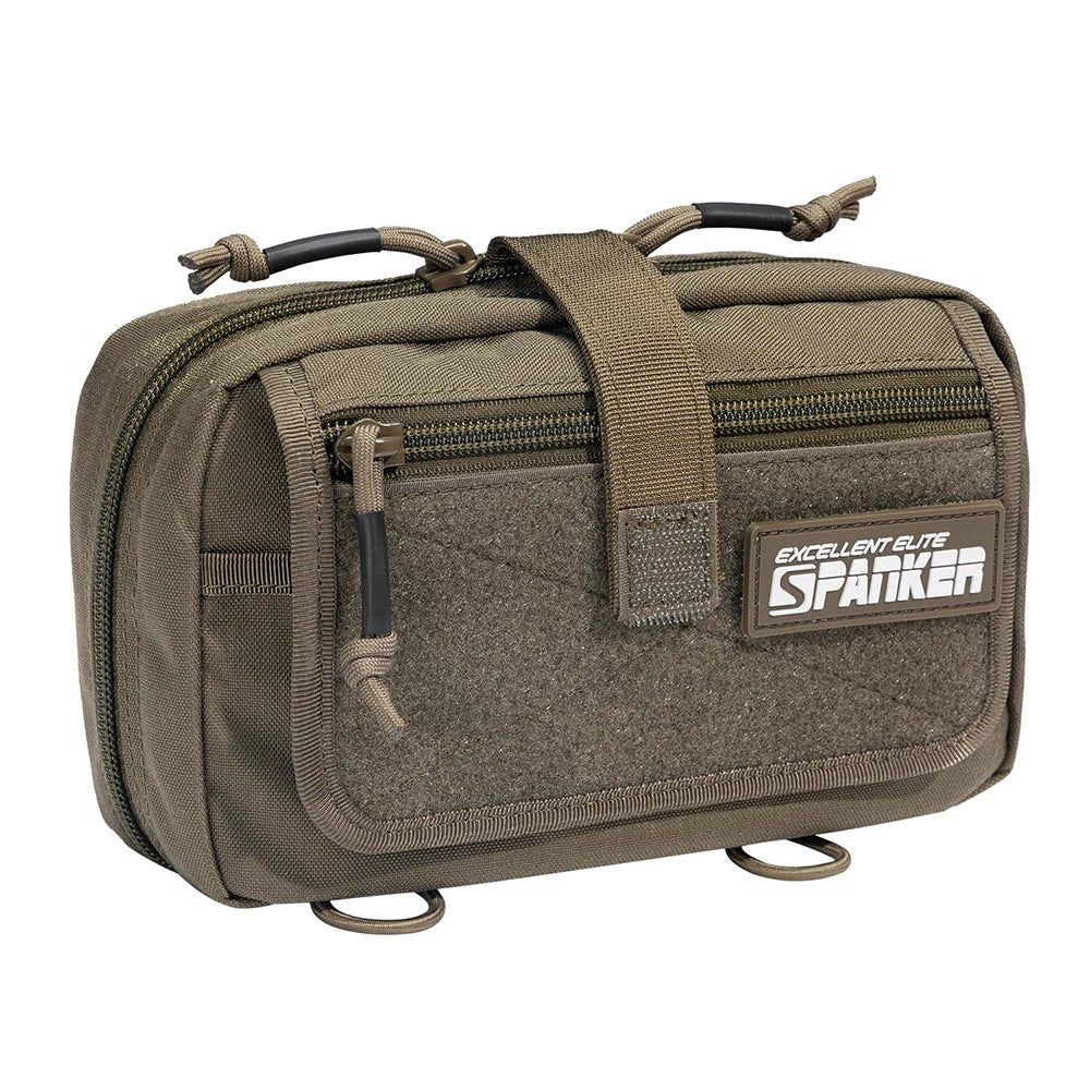 Pochette tactique olive en Cordura 700D Spanker, compacte, avec plusieurs fermetures éclair et boucles, écusson « EXCELLENT ELITE SPANKER » sur le devant.