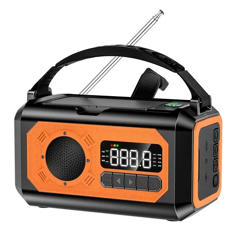 Radio d'urgence AM/FM portable avec éclairage LED 12 000 mAh, rechargeable USB, panneaux solaire et manivelle "ALLOYSEED - H17" - Planète Rando