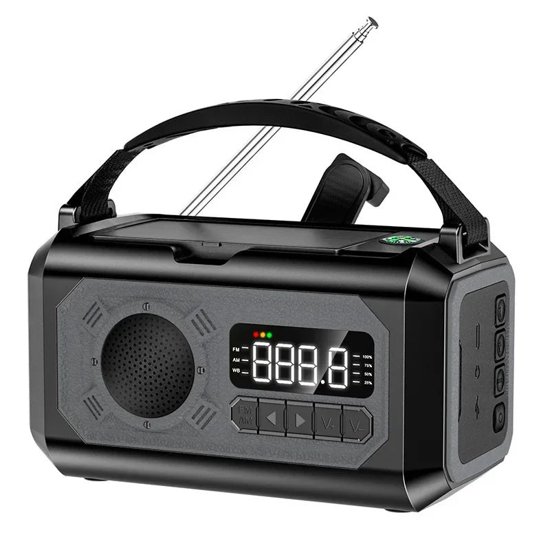 Radio d'urgence AM/FM portable avec éclairage LED 12 000 mAh, rechargeable USB, panneaux solaire et manivelle "ALLOYSEED - H17" - Planète Rando