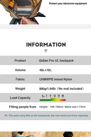 Le sac à dos 3F UL GEAR Qi Dian Pro offre une capacité de 40 L + 16 L, ne pèse que 920 g et est fabriqué en nylon mixte UHMWPE pour les randonneurs mesurant entre 160 et 190 cm. Tapis non inclus.