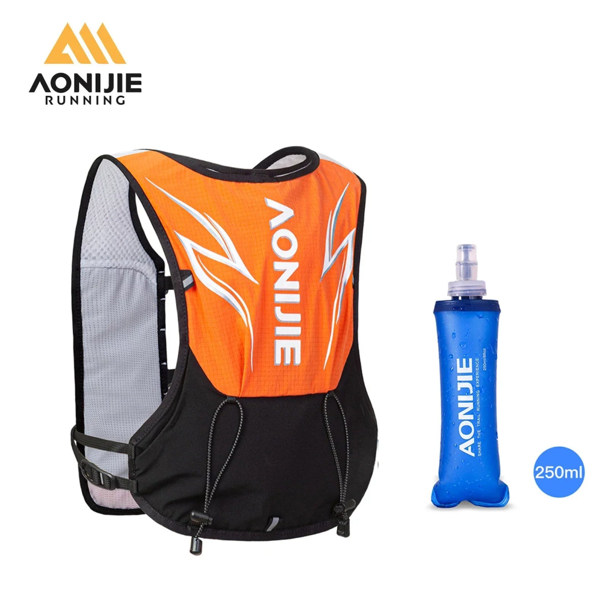 Le gilet d'hydratation Aonijie C9120 Gaminos 3L pour enfants de 6 à 12 ans arbore un design orange et noir éclatant. Il est fourni avec une flasque souple bleue de 250 ml, idéale pour hydrater les jeunes coureurs.