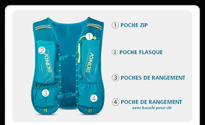 Le gilet d'hydratation Aonijie C9107, fabriqué en nylon élasthanne, comprend des compartiments étiquetés : une poche zippée, une poche pour flasque, des poches de rangement et une poche de rangement avec porte-clés. Cet essentiel du trail running turquoise de 120 g allie confort et praticité pour des aventures organisées.
