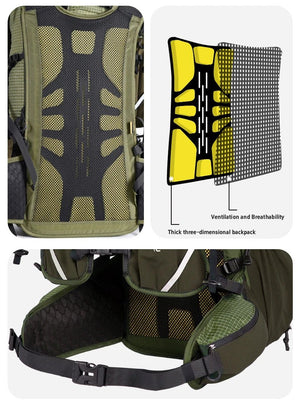 Des vues rapprochées du Sac à dos ultraléger 30L "AML1066" d'ANMEILU mettent en évidence son panneau dorsal ventilé et sa ceinture de hanches, ainsi qu'un diagramme montrant les mailles et la structure respirantes pour un confort accru lors des activités de trekking et de trail.