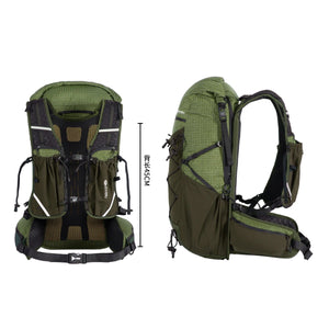 Vue arrière et latérale du sac à dos ultraléger pour le trekking et le trail 30L "ANMEILU - AML1066" d'ANMEILU, avec poches multiples, sangles ajustables, dos en mesh, longueur de 45 cm et tissu polyester imperméable.