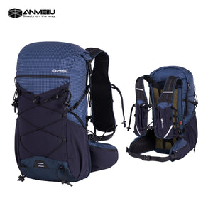 Deux vues du sac à dos ultraléger ANMEILU - AML1066 30L pour trekking et trail : face avant avec poche filet, dos avec bretelles rembourrées et système de ventilation.