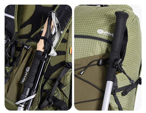 Deux gros plans montrent des bâtons de randonnée attachés au sac à dos ultraléger pour le trekking et le trail 30L "ANMEILU - AML1066" à l'aide de sangles de fixation et de boucles de cordon.