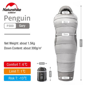 Le sac de couchage en coton imperméable Naturehike pour l'hiver a une longueur de 220 cm, une largeur d'épaule de 80 cm et une largeur de pied de 50 cm. Il offre un confort à 6°C, une limite à 1°C et un risque à -13°C. Les dimensions emballées sont de 25 cm de diamètre sur 35 cm de hauteur, pour un poids de seulement 1,5 kg.
