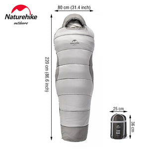 Le sac de couchage d'hiver Naturehike NH21MSD03 est fabriqué en nylon durable, mesure 220x80 cm pour plus de confort et comprend un sac de rangement compact de 36 cm de hauteur et 25 cm de diamètre pour un emballage facile.