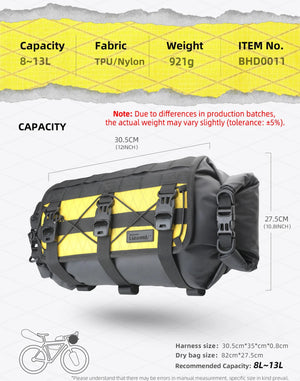 Sacoche de guidon de vélo étanche 8 - 13 L pour VTT, route, gravel, bikepacking "Rhinowalk - Wilderness BHD0011" - Planète Rando