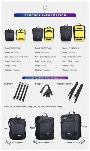Sacoche de selle latérale multifonction avec bandoulière 100% imperméable pour moto & vélo 10 à 30L "Rhinowalk - MT216 series" - Planète Rando