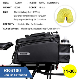 Sacoche de vélo 3 en 1 100% imperméable sur porte - bagage arrière de vélo extensible 11 - 30 L "Rhinowalk - RK6100" - Planète Rando