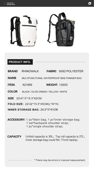 Sacoche de vélo étanche sur porte - bagages arrière "Rhinowalk - X21669 27L" - Planète Rando