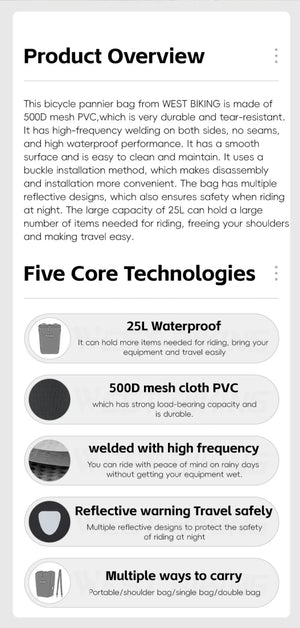 Sacoche de vélo imperméable pour porte - bagages arrière de vélo 25L "West - Biking - YP0707377" - Planète Rando