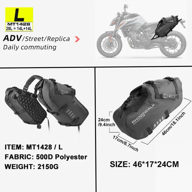 Sacoche latérale de selle pour moto, imperméable de 18L à 48L "Rhinowalk - MT14 series" - Planète Rando