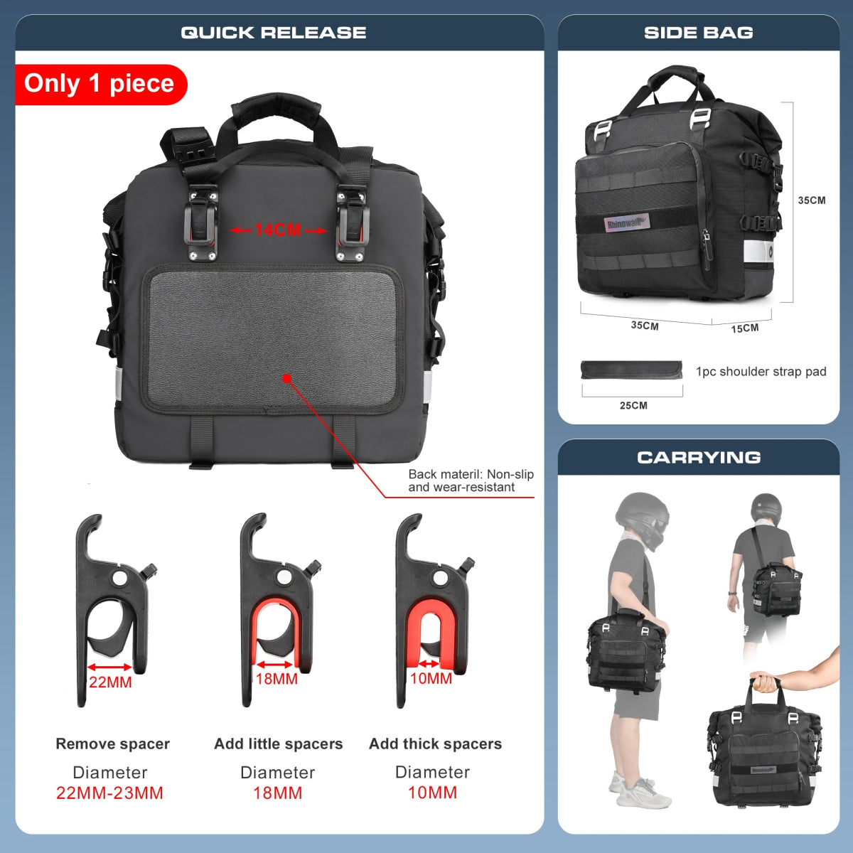 Sacoche latérale moto / velo avec intérieur amovible et étanche 20L "Rhinowalk - MT2040" - Planète Rando
