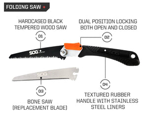 Scie pliante pour la chasse et le bushcraft 265g "SOG - Wood & Bone saw" - Planète Rando