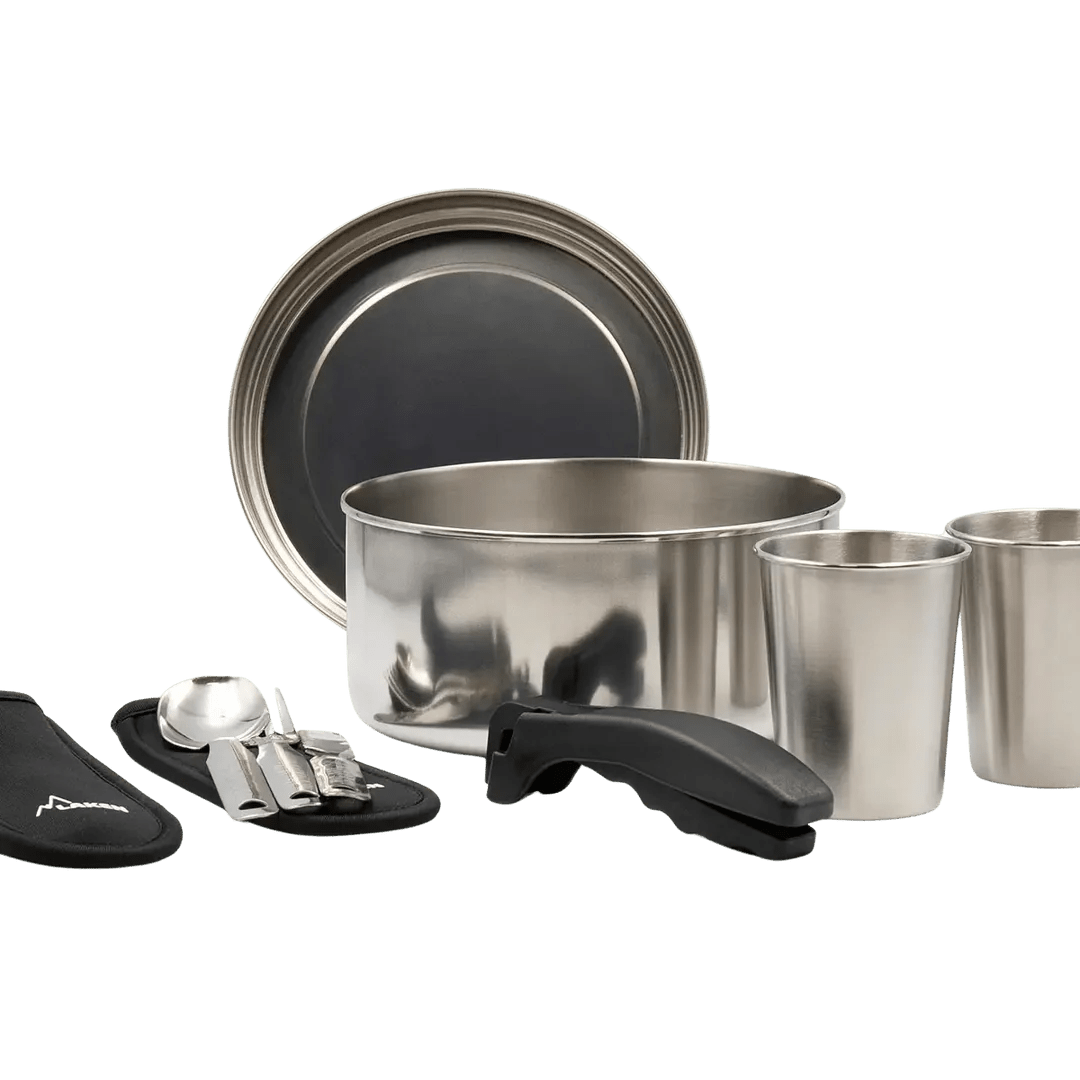 Set de camping / bivouac en inox avec assiette, gourde, tasse et couverts "Laken - Campo base" - Planète Rando