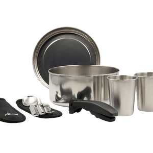 Set de camping / bivouac en inox avec assiette, gourde, tasse et couverts "Laken - Campo base" - Planète Rando