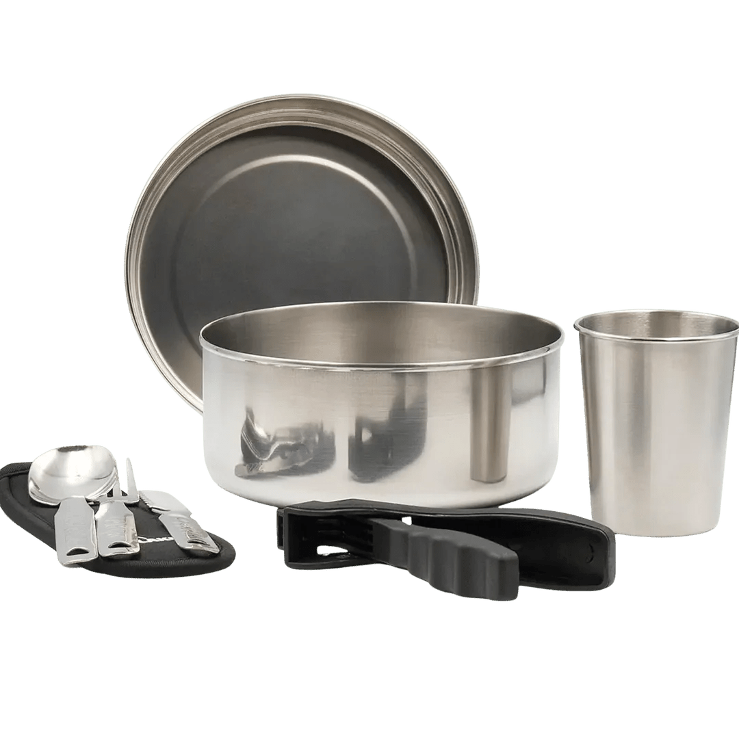 Set de camping / bivouac en inox avec assiette, gourde, tasse et couverts "Laken - Campo base" - Planète Rando