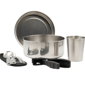 Set de camping / bivouac en inox avec assiette, gourde, tasse et couverts "Laken - Campo base" - Planète Rando