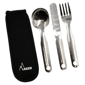 Set de camping / bivouac en inox avec assiette, gourde, tasse et couverts "Laken - Campo base" - Planète Rando