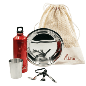 Set de camping / bivouac en inox avec assiette, gourde, tasse et couverts "Laken - Campo base" - Planète Rando