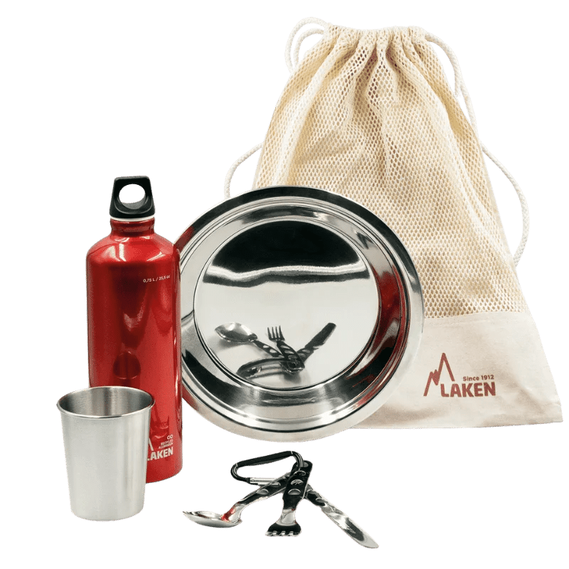 Set de camping / bivouac en inox avec assiette, gourde, tasse et couverts "Laken - Campo base" - Planète Rando