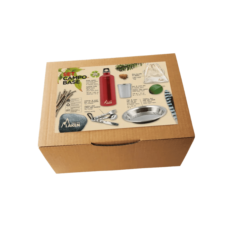 Set de camping / bivouac en inox avec assiette, gourde, tasse et couverts "Laken - Campo base" - Planète Rando