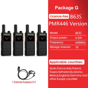Talkie - walkie portable ultra - mince avec écran LCD PMR/FRS Radio bidirectionnelle sans licence "Retevis - B63S" - Planète Rando
