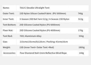 Tente de bivouac autoportante ultralégère pour 2 personnes 1,8kg "3F UL GEAR - TaiJi 2" - Planète Rando