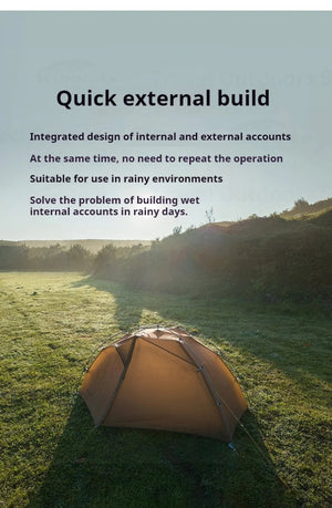 Dans un champ herbeux avec des collines et un ciel nuageux, la tente 3F UL GEAR Taiji 1 met en valeur sa construction externe rapide et sa conception intégrée. Cette tente dôme en nylon ripstop, conçue pour les conditions pluvieuses, allie robustesse et élégance dans un ensemble ultra-léger de 1,45 kg.