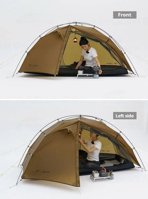 Un campeur à l'intérieur d'un 3F UL GEAR Taiji 1 ajuste une lumière, vu de face et de gauche. À l'extérieur, l'équipement repose sur un tissu en nylon Ripstop pour le protéger.