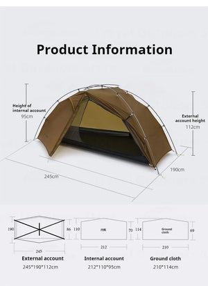 Schéma de la tente de bivouac ultra-légère 3F UL GEAR "Taiji 1" avec les dimensions : hauteur 112cm, longueur 245cm, largeur 190cm. Elle comprend des dimensions externes/internes supplémentaires et un tapis de sol. Fabriquée en nylon Ripstop durable pour une résilience accrue.