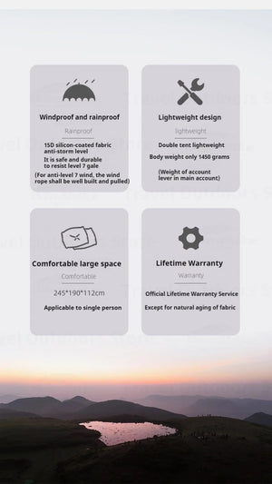 L'infographie présente la tente de bivouac 3F UL GEAR avec sa conception coupe-vent en nylon Ripstop léger, son confort spacieux et sa garantie à vie. Sur fond de coucher de soleil sur les collines et l'eau, cette tente ultra-légère promet durabilité et performance en toute saison.
