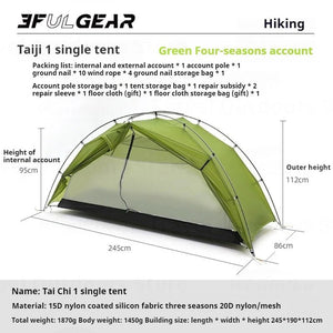 Explorez le plein air avec la tente simple en nylon 3F UL GEAR « Taiji 1 », une tente verte et ultra-légère dotée d'un tissu indéchirable durable. Elle comprend des poteaux en aluminium, des clous de sol et un sac de rangement pour plus de commodité, parfaite pour les aventures de randonnée et de vélo.