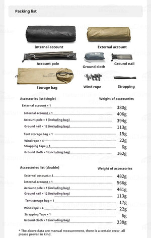 Tente de bivouac ultralégère à double - parois imperméable 1 à 2 pers à partir de 1,2kg "Naturehike - Mongar UL" - Planète Rando